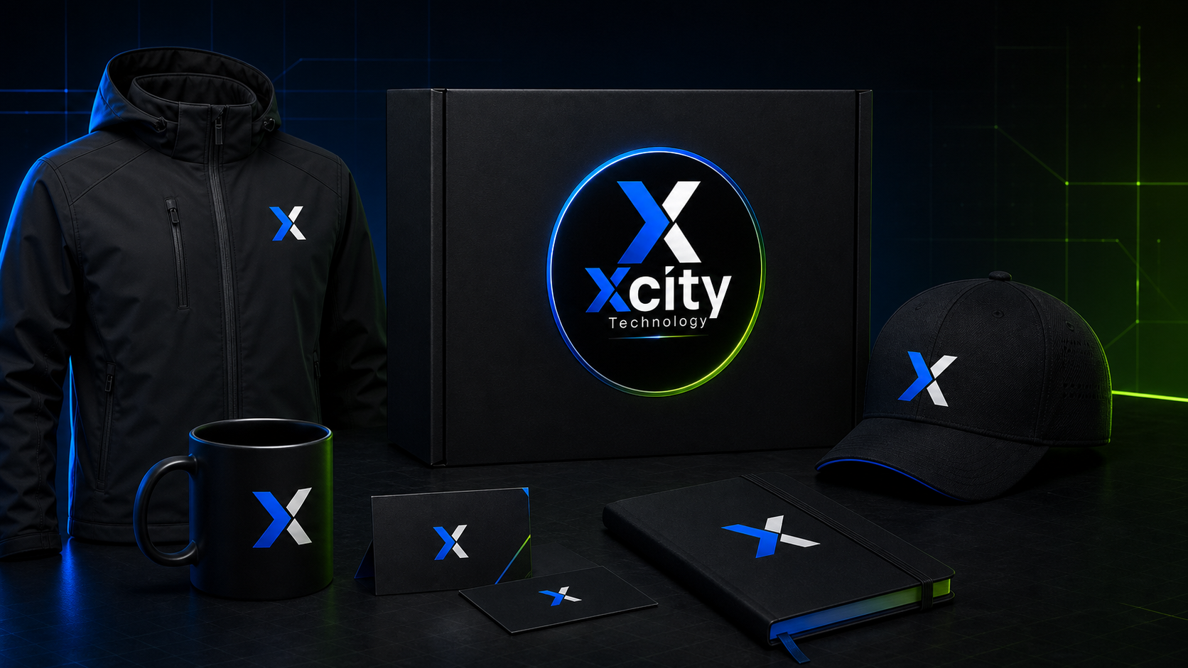 Propuesta de artículos corporativos XCITY: chaqueta, gorra, taza, libreta, tarjetas y empaque